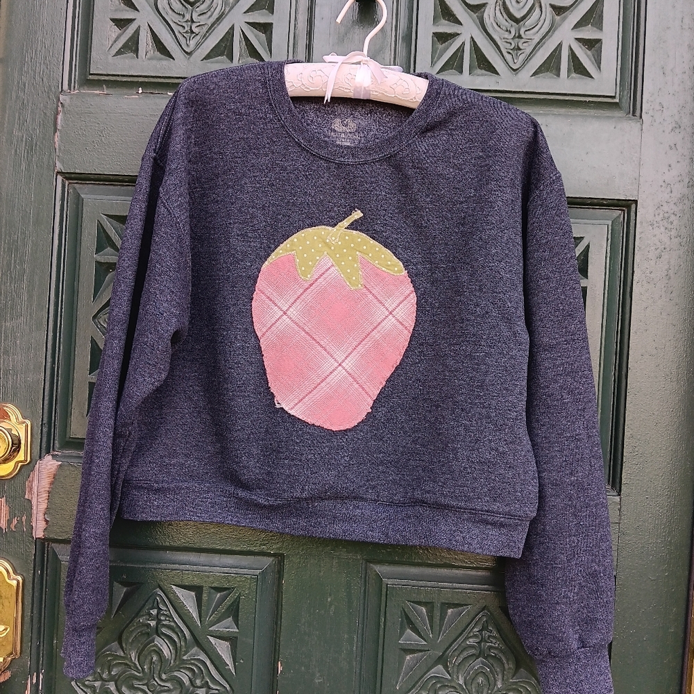 Dark Gray Sweatshirt Cropped and Upcycled with Pink Strawberry Appliqué